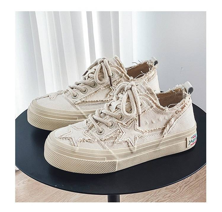 Baskets plates en denim pour homme, style rétro, à semelle épaisse et motif étoiles, chaussures en toile décontractées très tendance._voghion.com