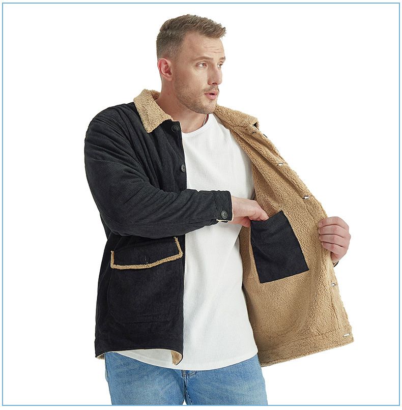 "Herrenjacke aus Cord und Lammfell mit Revers – Plüschiger, dicker Mantel in großer Größe (Schwarz/Grün/Hellbraun, S-XXL)"_voghion.com