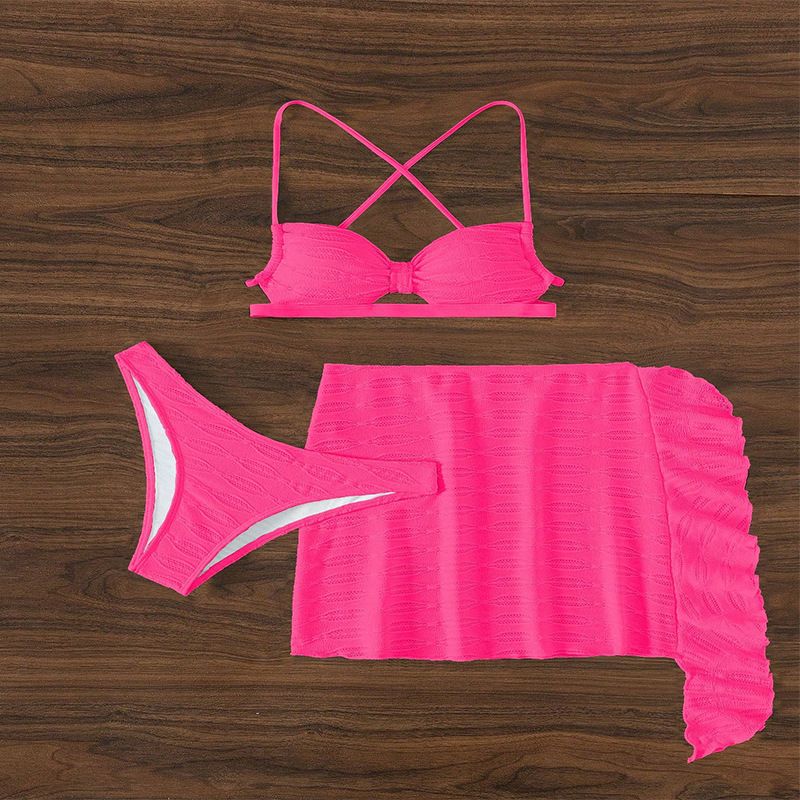 2025 Yeni Düz Renk Bağcıklı Bikini Üç Parça Plaj Etek Mayo Kadın Stili_voghion.com