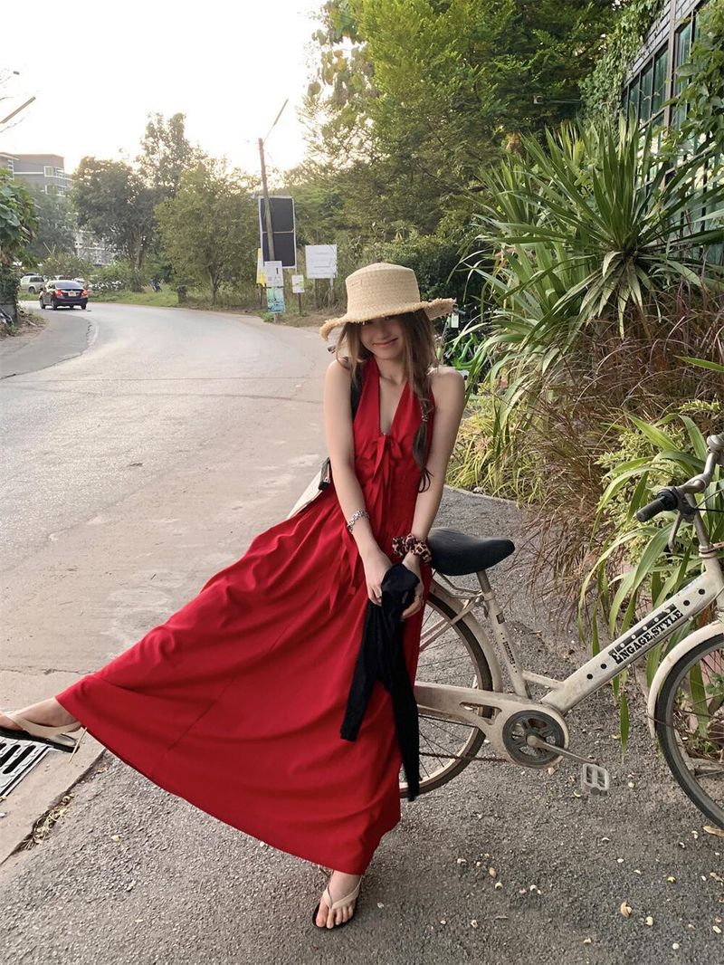 Dammekleeder liicht prall Retro Halter Neck Sexy Kleed Summer Lazy Style Design Wandern Rees Vakanz Knöchel Laang Rock_voghion.com