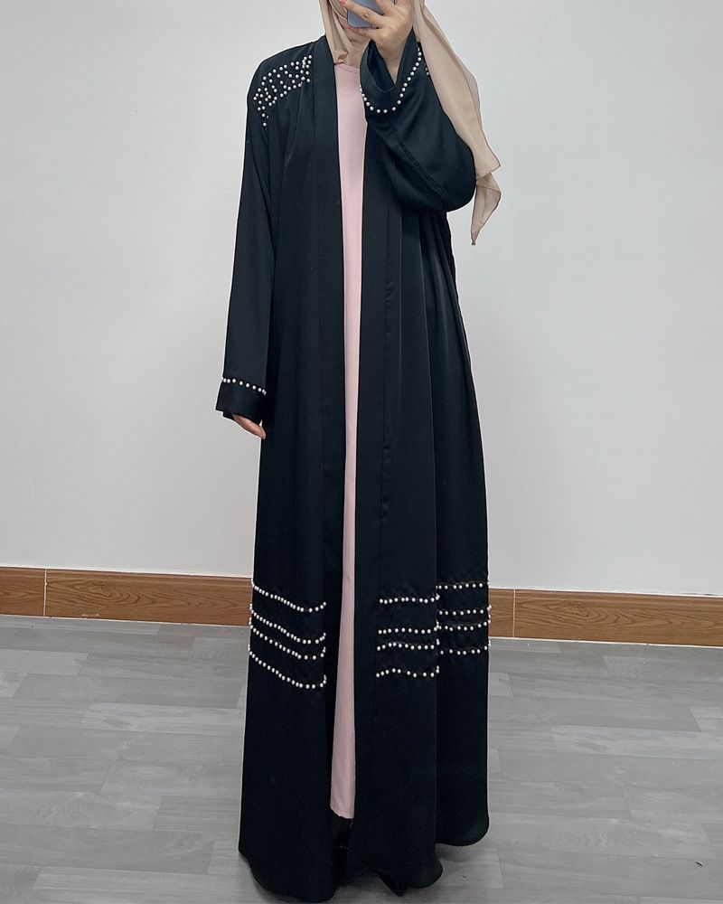 Elegant Dubai Pearl-Embellished Abaya – Long Sleeve Open Front Robe Dress (Black/Burgundy, S-XXL)_voghion.com