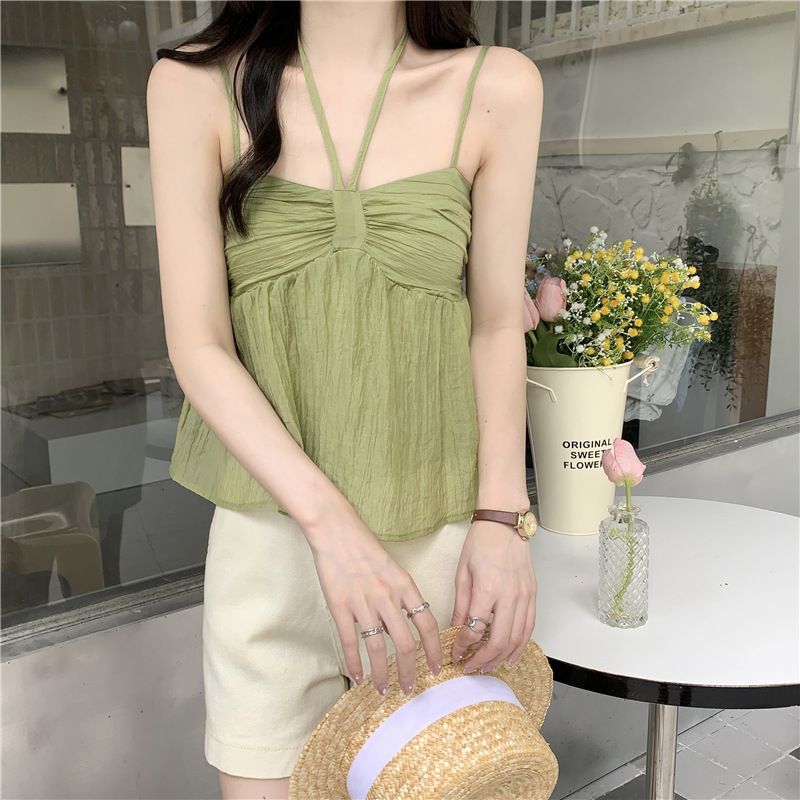Women's Clothing Pure Color Small Fresh French Suspenders Women's Halter New Sweet Small Vest Outerwear Double Layer Suspenders_voghion.com