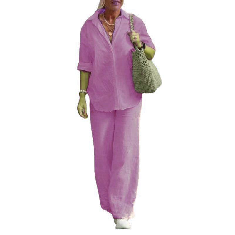 Damenbekleidung Zweiteiliges Set für Damen mit langärmeligem Revers und lässigem Frühlings- und Herbstanzug in einfarbiger Hose mit weitem Bein_voghion.com