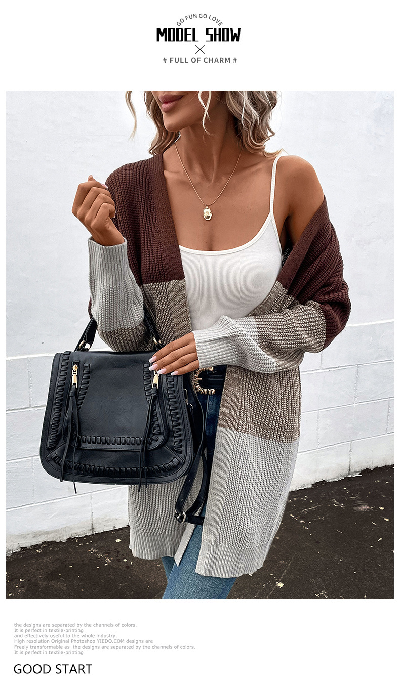 Damenbekleidung Mode Damen Langarm Kontrastfarbe Lange Pullover Strickjacke Für Frauen_voghion.com