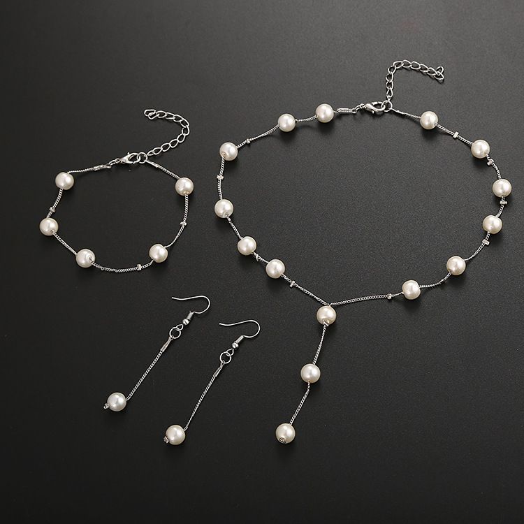Fashion Pearl Necklace Bracelet Earrings Set New Sweet OL Elegant Pearl Simple Temperament Accessories_voghion.com