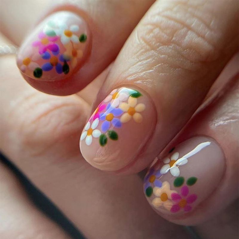 Corto luminoso fresco moda fiori colorati indossare pezzi di unghie europeo e americano commercio estero ins pezzo di unghie rimovibili 24 pezzi_voghion.com