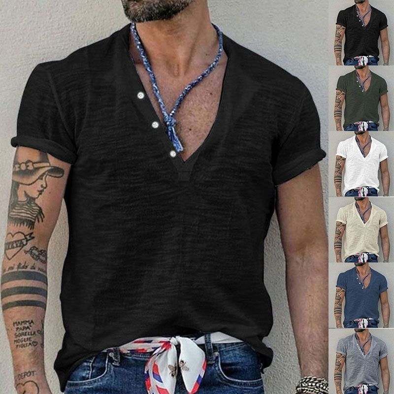 Maglietta a maniche corte slim fit casual tinta unita con nodo in bambù Henry Button da uomo, estate 2024_voghion.com