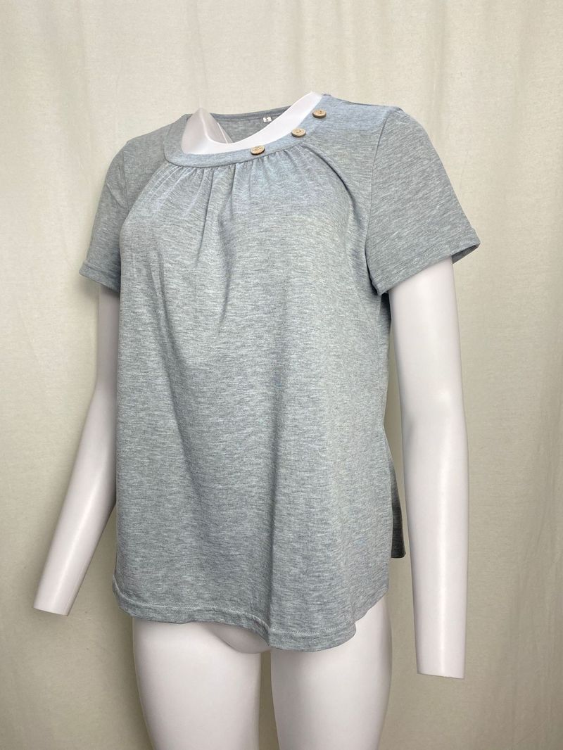 2023 Niu Xin Fashion Top da donna a maniche corte tinta unita con tre bottoni_voghion.com