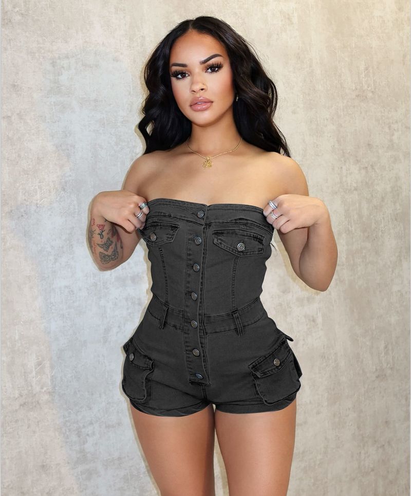 K Nuova salopette in denim con body elasticizzato senza spalline;_voghion.com
