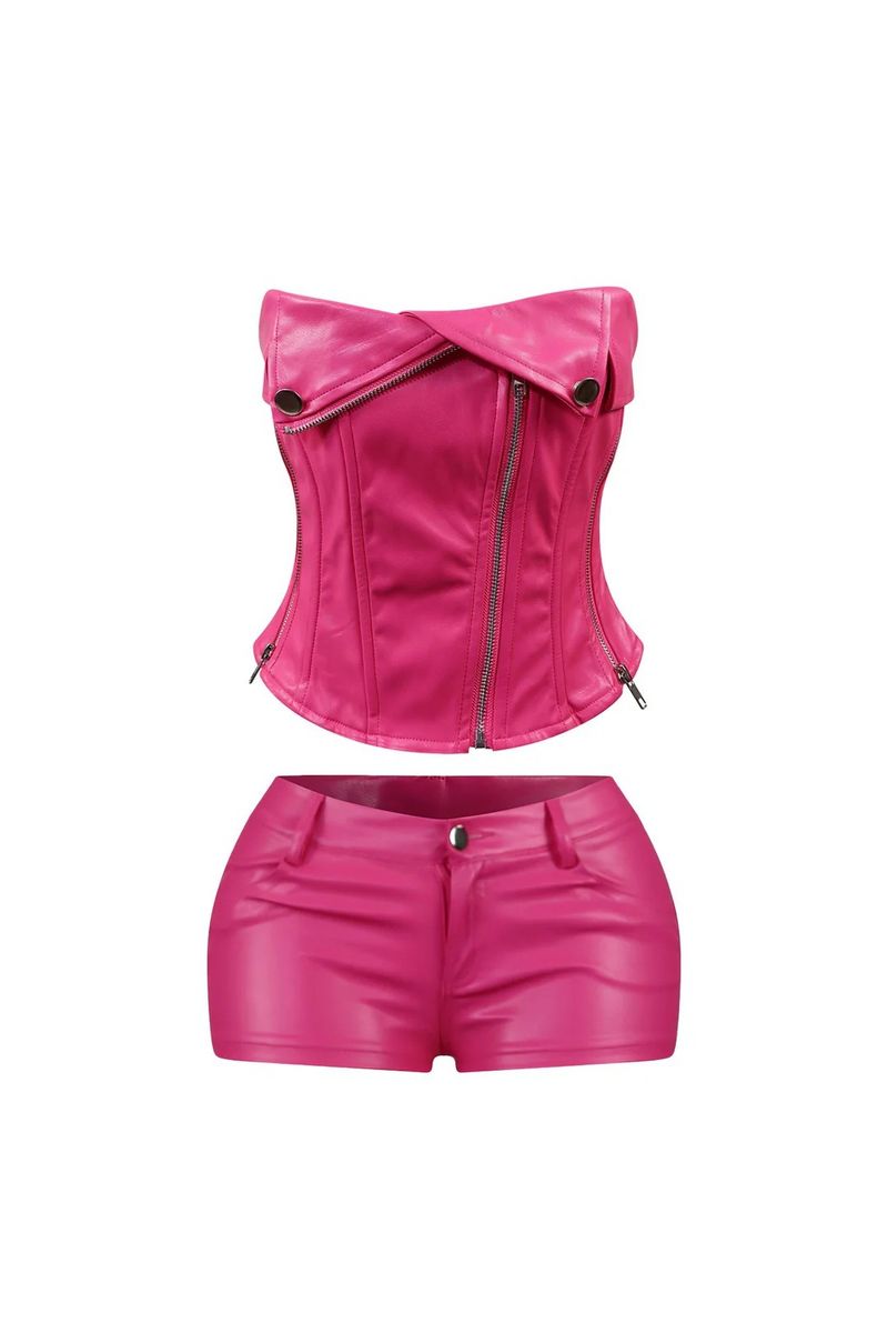 Dammekleeder 2024 neit PU-Reissverschluss mat Opklappen, Slim Fit, Tube-Top, Hotpants, Zwee-Stéck-Set_voghion.com