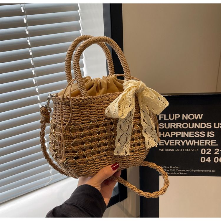 Straw Bag Woven Bag Mori Straw Bag Female Crossbody Beach Holiday Beach Bag Portable Bucket Bag_voghion.com