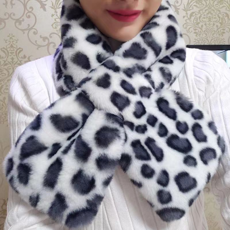 Winter Or Women, Plush Thickened Warm Neck Warmer, Rabbit Fur Cross Scar, Korean Style Fashion Leopard Print_voghion.com