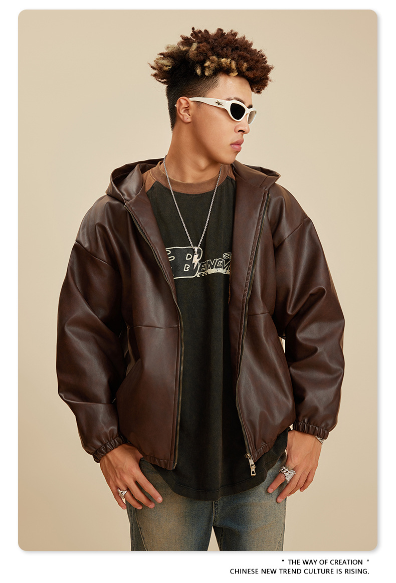 Męska kurtka skórzana w stylu retro o dużej sylwetce Kurtka typu Loose Tide_voghion.com