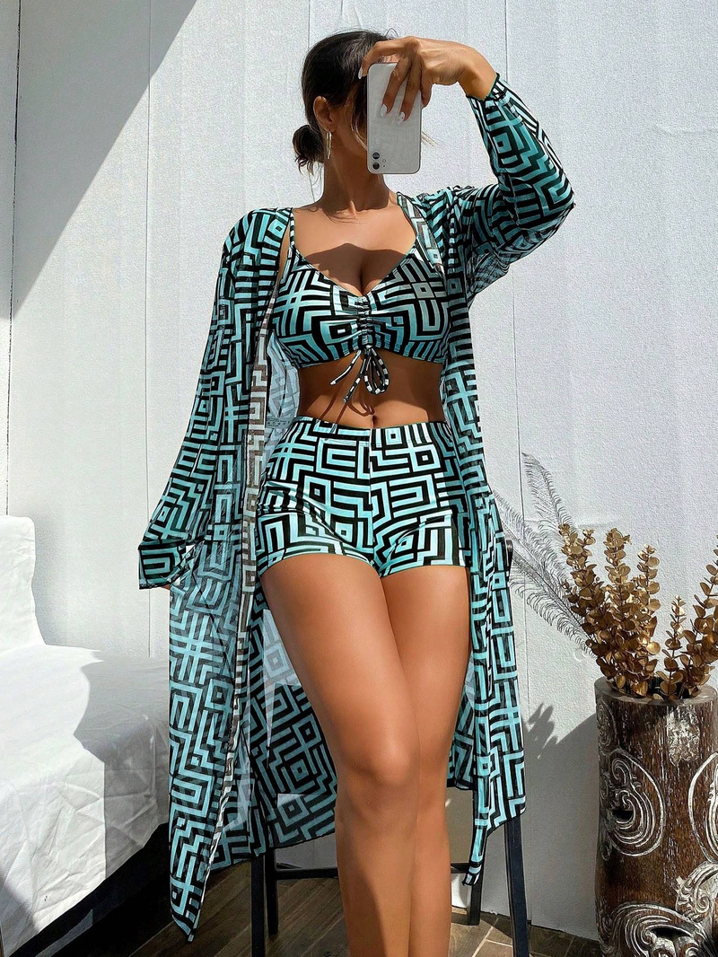 Women's Hot-selling Women's Split Swimsuit Blouse Three-piece Set Gathered Pleated Swimsuit High Waist Swimming Trunks_voghion.com