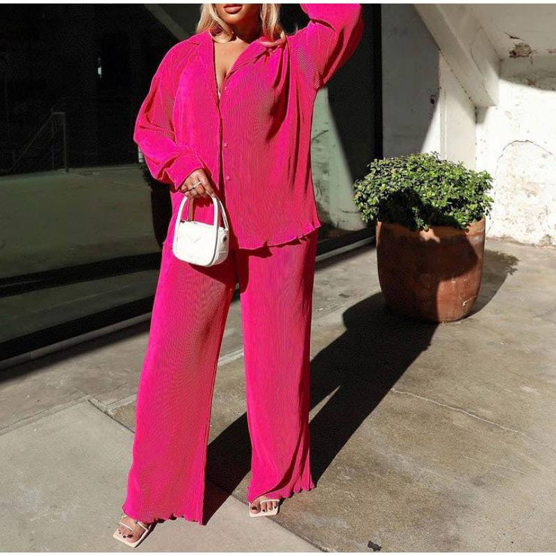 Completo da donna in due pezzi con pantaloni a pieghe, casual chic, tinta unita, a maniche lunghe, con camicie abbottonate e pantaloni a gamba dritta_voghion.com