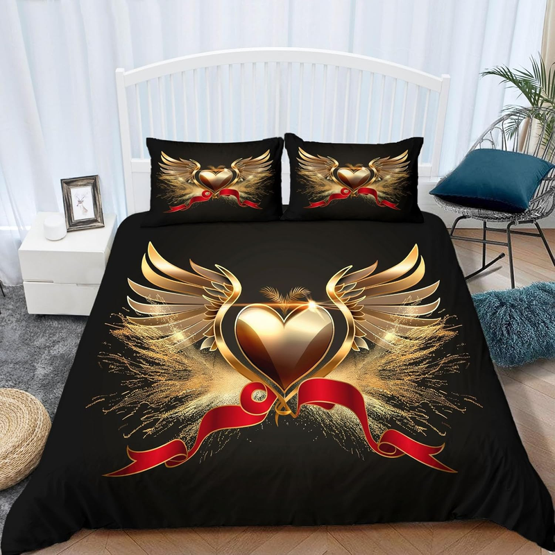 Parure de lit 3 pièces motif ailes d'amour doré, housse de couette en microfibre douce et moelleuse, pour adolescents, filles et garçons, avec taie d'oreiller de 50 x 75 cm._voghion.com