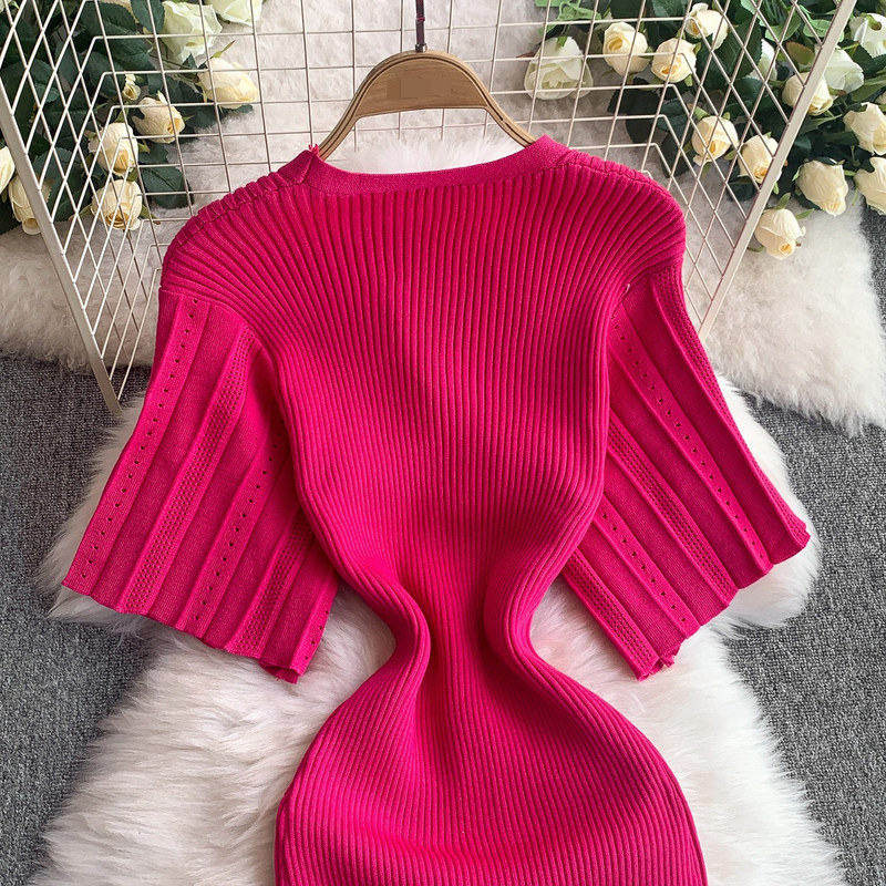 Women's Clothing Elegant V Neck Single Breasted Short Sleeved Dress Knitted Elastic Waist Hollow Fishtail Long Skirt_voghion.com