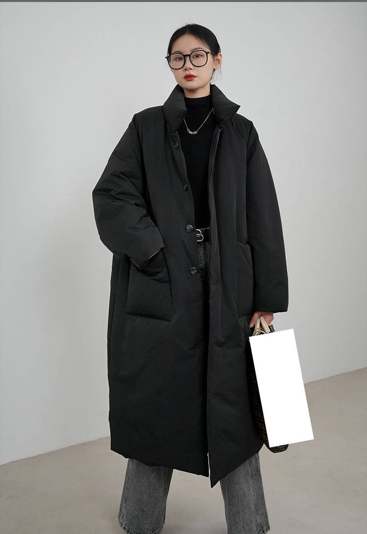 Women's Winter Long Puffer Coat With Stand Collar, Loose Fit, Stylish Outerwear For Cold Weather - Black, Khaki_voghion.com