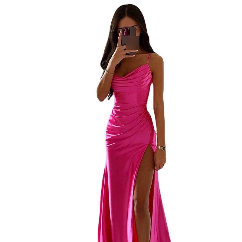 Satin Ruched Mermaid Evening Dress – Strapless High-Slit Formal Gown, Bodycon Elegance For Prom, Wedding & Parties_voghion.com