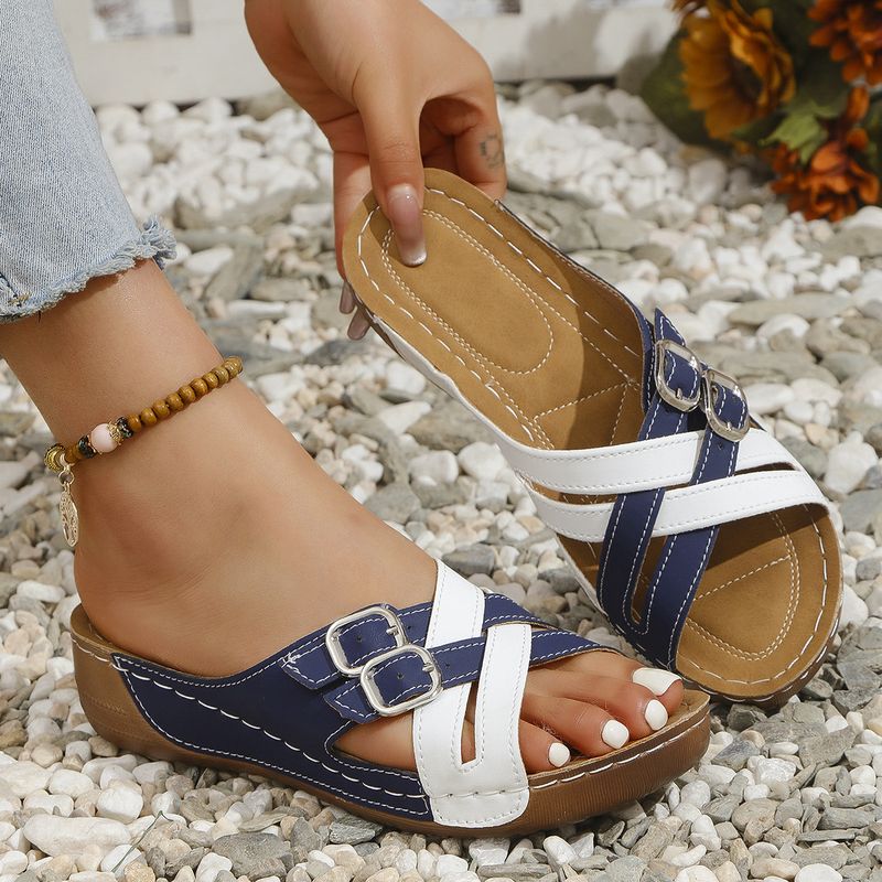 Sandali con zeppa, punta aperta, grandi dimensioni, alla moda, nuovi, con fibbia a cintura, color block, suola spessa e cinturino singolo per donna_voghion.com