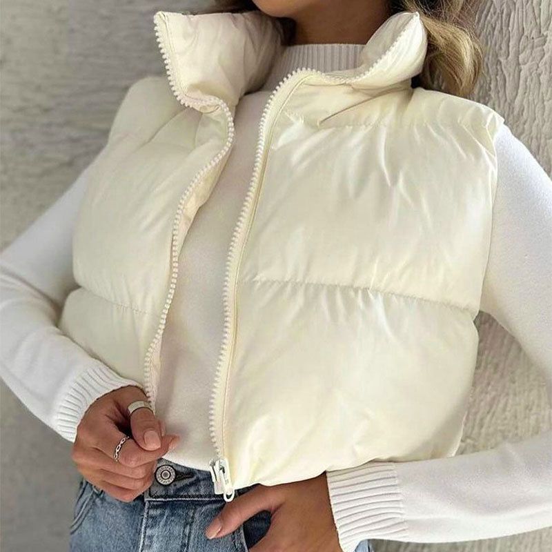 Gilet trapuntato da donna con collo alto, giacca imbottita senza maniche per autunno inverno, moda streetwear in bianco, nero, grigio_voghion.com