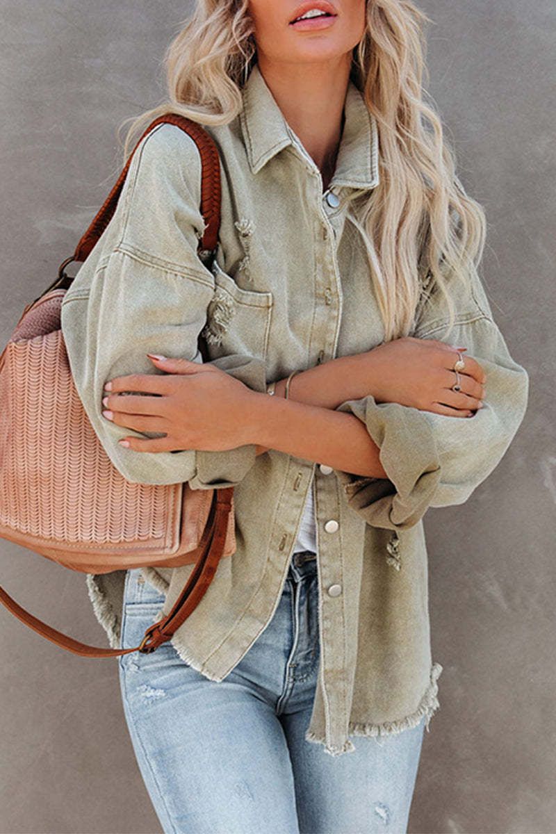 Oversize-Jeansjacke für Damen – Lässiger, langärmliger Distressed-Mantel in Unifarben_voghion.com