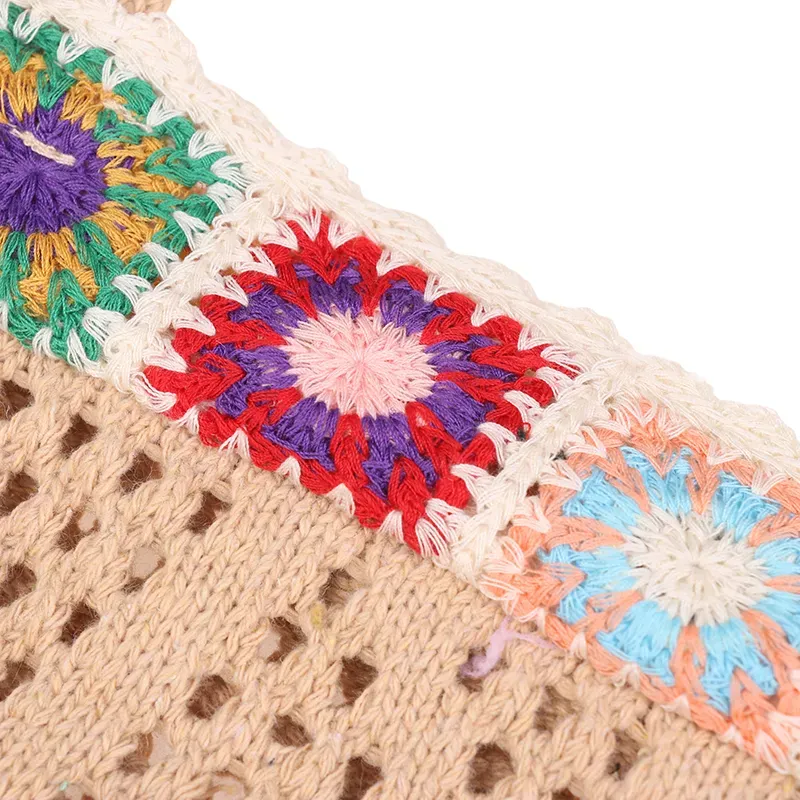 Bolsa de compras de crochê com flor, estilo hobo, para o verão, com alça de ombro em tricô, ideal para viagens e férias._voghion.com