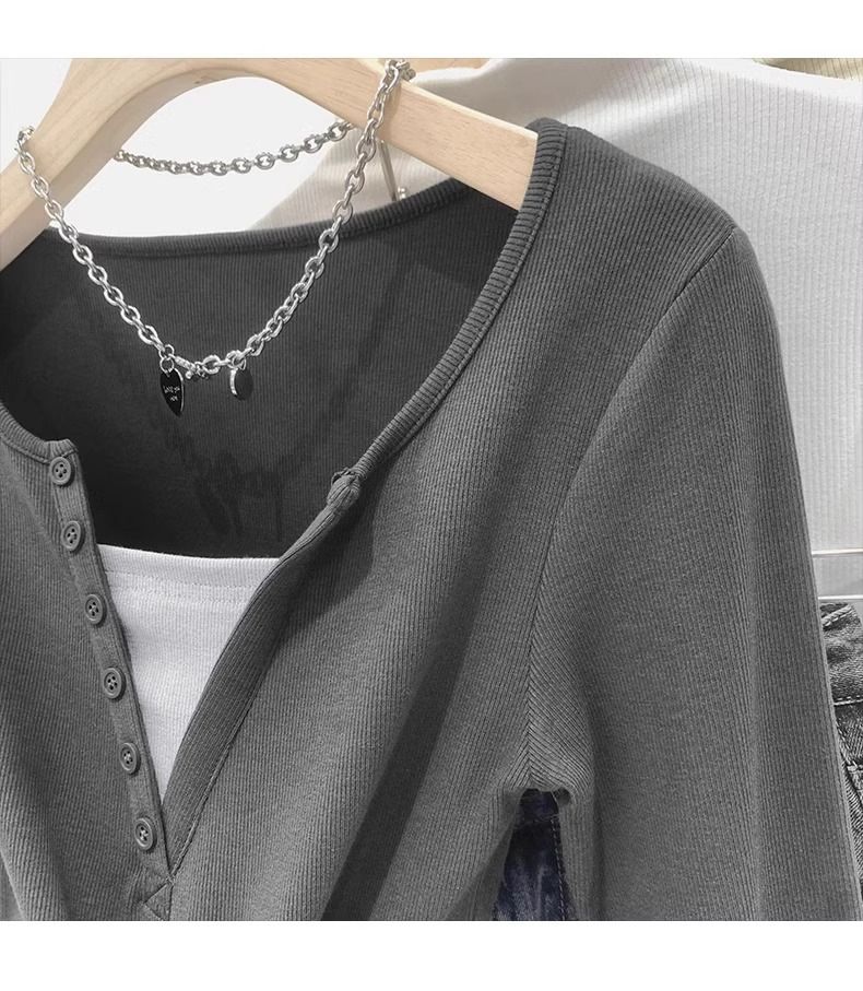 Korte gestalte color blocking korte top twee V-hals lange mouwen T-shirts voor dames herfst Amerikaanse slim fit pittig_voghion.com