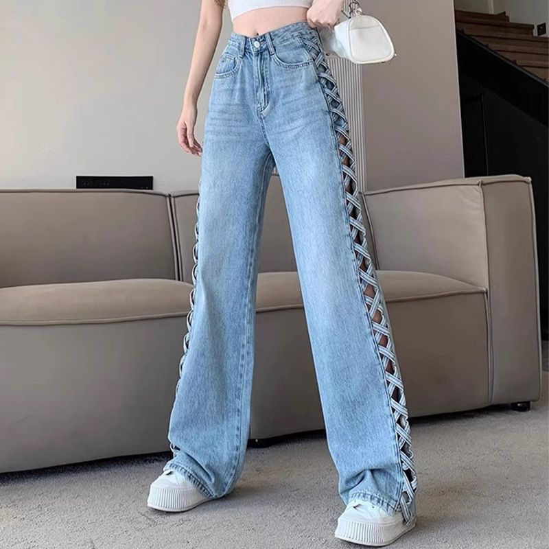 Abbigliamento da donna, design primaverile ed estivo, pantaloni sottili e versatili a vita alta lunghi fino al pavimento_voghion.com