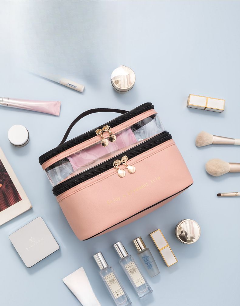Borsa da toilette portatile trasparente a doppio strato, di colore solido, di grande capacità, borsa da viaggio per cosmetici_voghion.com