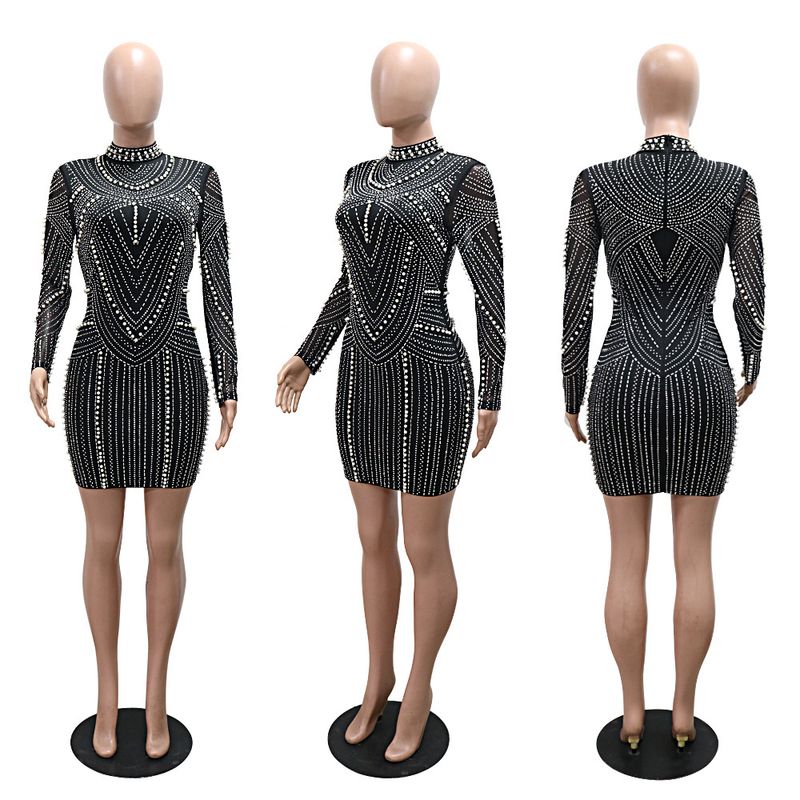 Abito a maniche lunghe da donna, alla moda, con perline a bolle e diamanti, gonna alla moda_voghion.com