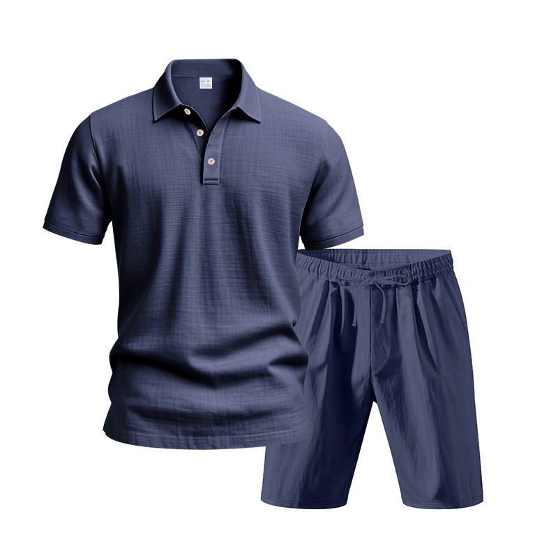 Ensemble polo et short de plage à manches courtes pour homme, style américain, ample, décontracté, respirant, en lin_voghion.com