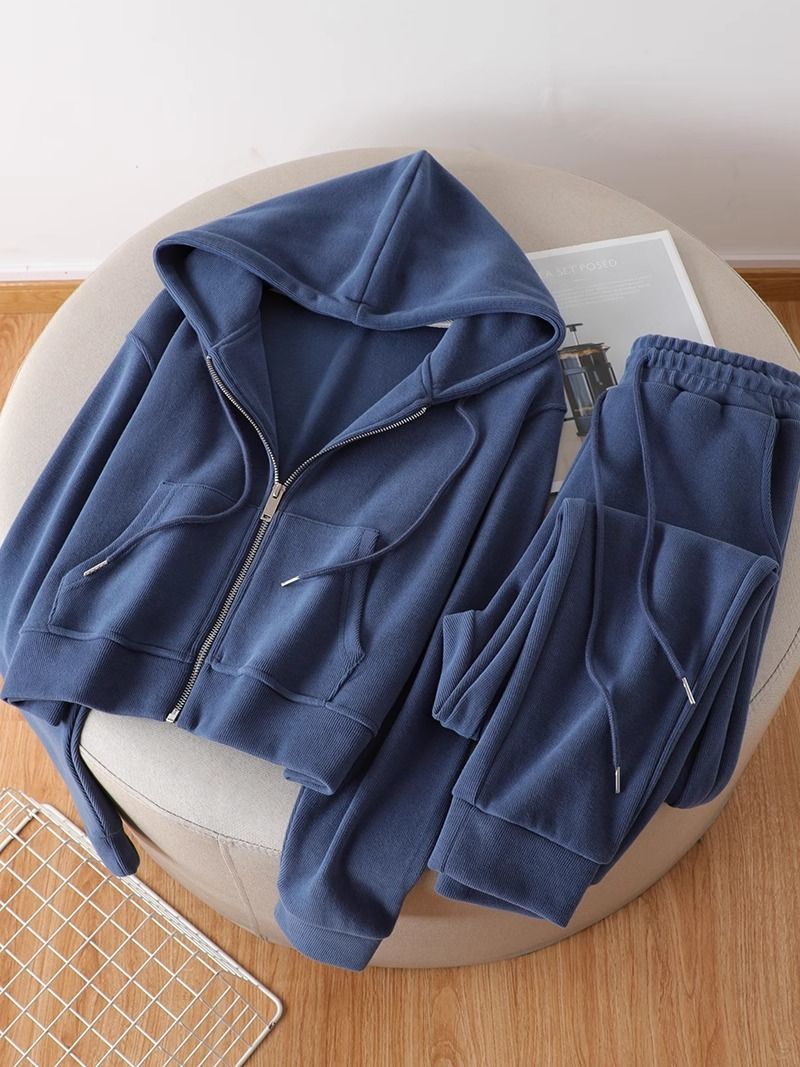 Damenbekleidung Weißer Herbst und Winter Neuer Freizeitanzug Studenten des College-Stils Lockerer Pullover Weites Bein Sport Zweiteiliger Anzug für Damen_voghion.com