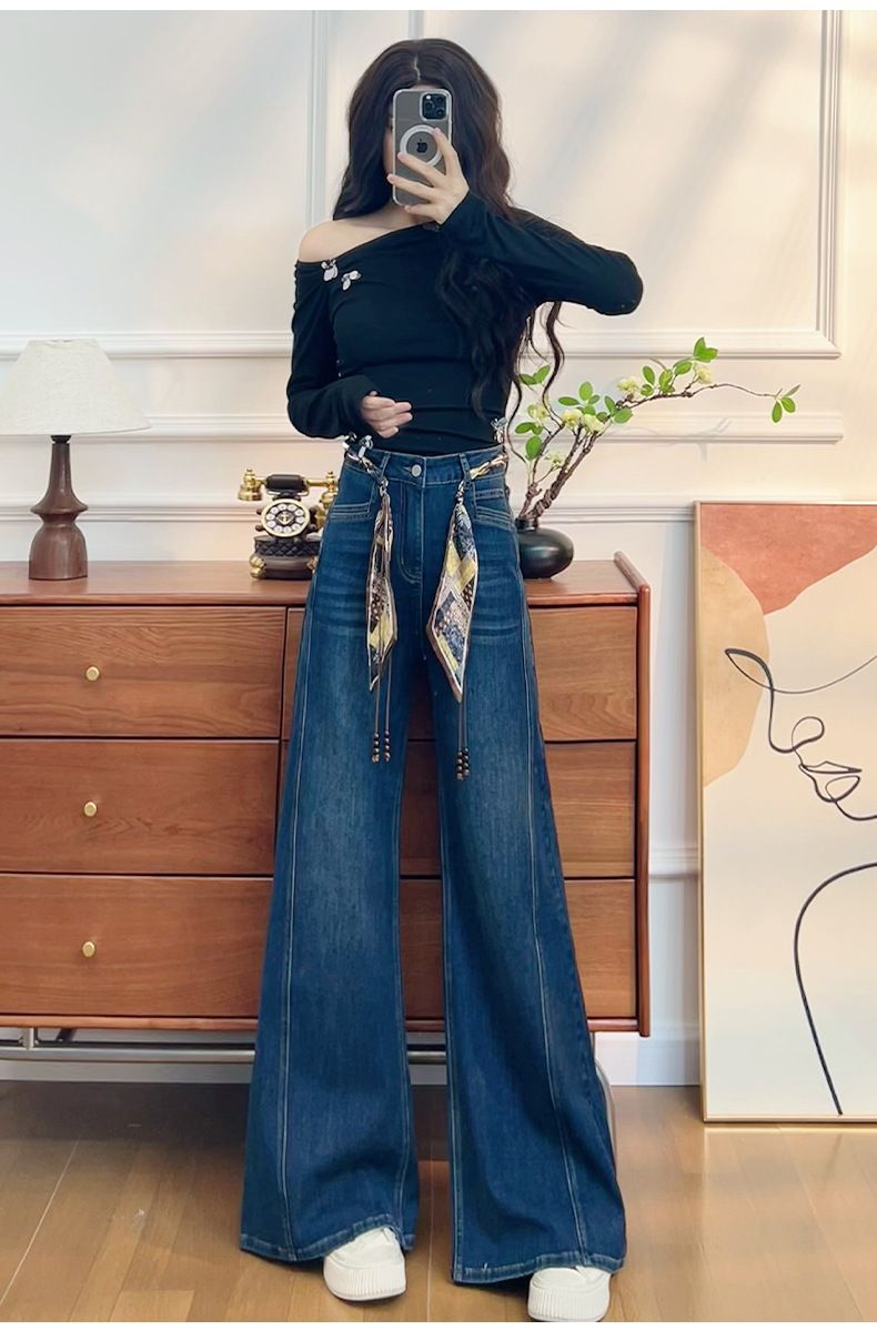 Weite Jeans Damen Frühling und Herbst 2025 Neue lockere Mode elastische Super Fire Lazy Denim Blue Straight Pants_voghion.com