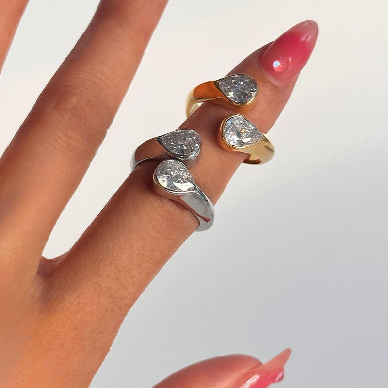 Gioielli da donna, elegante anello con doppia goccia di cristallo in acciaio inossidabile, design geometrico minimalista, ipoallergenico, durevole, non sbiadisce._voghion.com
