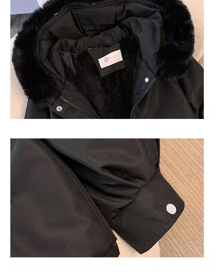 Fleecegefütterte Daunenjacke mit Pelzkapuze für Damen, warm, mit Kordelzug und Reißverschluss, gepolstert, Parkas, lässig, Baumwollmäntel, Puffer-Outwears_voghion.com