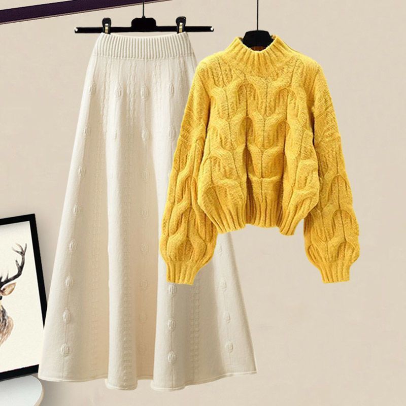 Completo da donna autunno inverno stile maglione spesso in maglia vestibilità comoda e gonna midi snellente in due pezzi_voghion.com