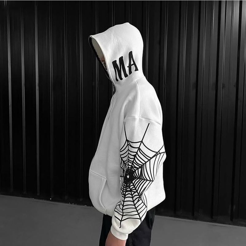 Felpa con cappuccio Spider Web - Felpa con cerniera stile streetwear gotico (stampa 3D, vestibilità oversize unisex, versatile in bianco e nero)_voghion.com