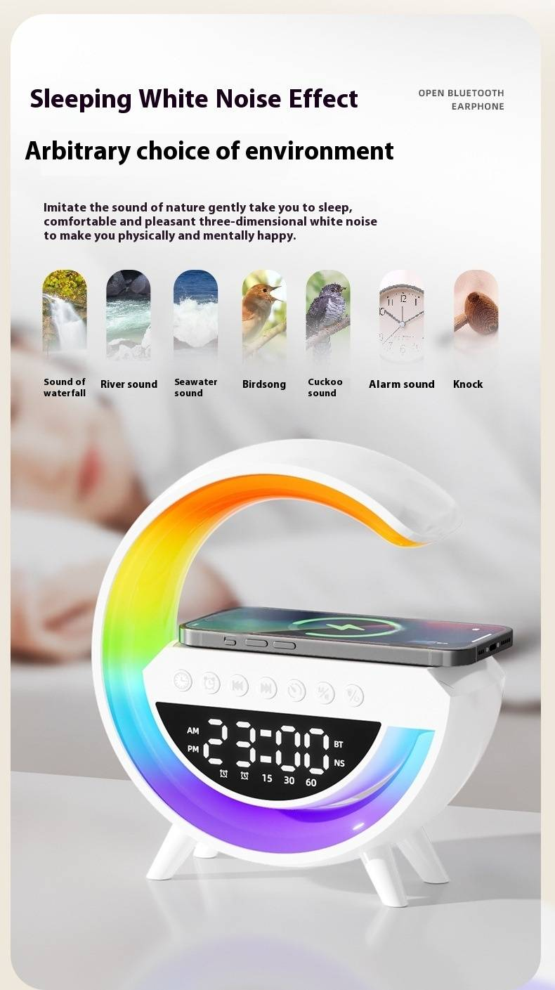 Enceinte Bluetooth série G - Lumière d'ambiance RVB, chargeur sans fil et réveil avec veilleuse_voghion.com