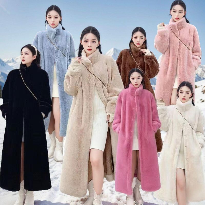 Women's Clothing Long Faux Mink Fur Coat With Stand Collar Thickened Plush Jacket In Black, Cream, Pink, Beige, Brown, Cherry Blossom Pink, China Red_voghion.com