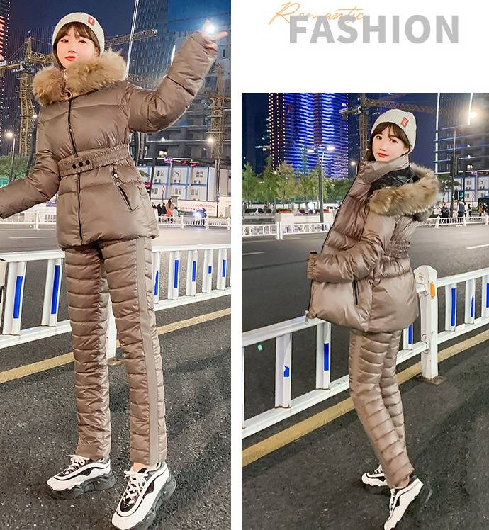 Completo invernale termico da donna con giacca e pantaloni in cotone e poliestere spesso (bianco, grigio, nero, marrone, verde) - Taglie dalla M alla XXL_voghion.com