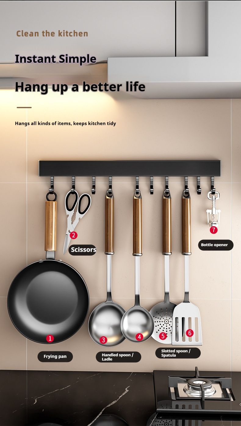 Adjustable Kitchen Hook Rack – Heavy-Duty Aluminum Wall Mount For Utensils, Pots & Pans (4/6/8/10/12 Hooks 5kg Load Capacity)_voghion.com