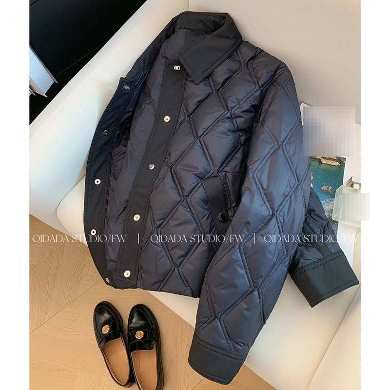 Women's Short Quilted Jacket With Polo Collar & Diamond Stitch Design, Slim Fit Lightweight Polyester Cotton Blend Coat For Petite To Plus Size_voghion.com