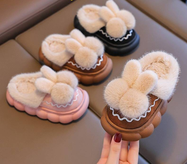 Winter Princess Slippers For Kids - Cozy Fleece-Lined House Shoes With Plush Collar & Non-Slip Sole (Melon Red, Brown, Black)_voghion.com
