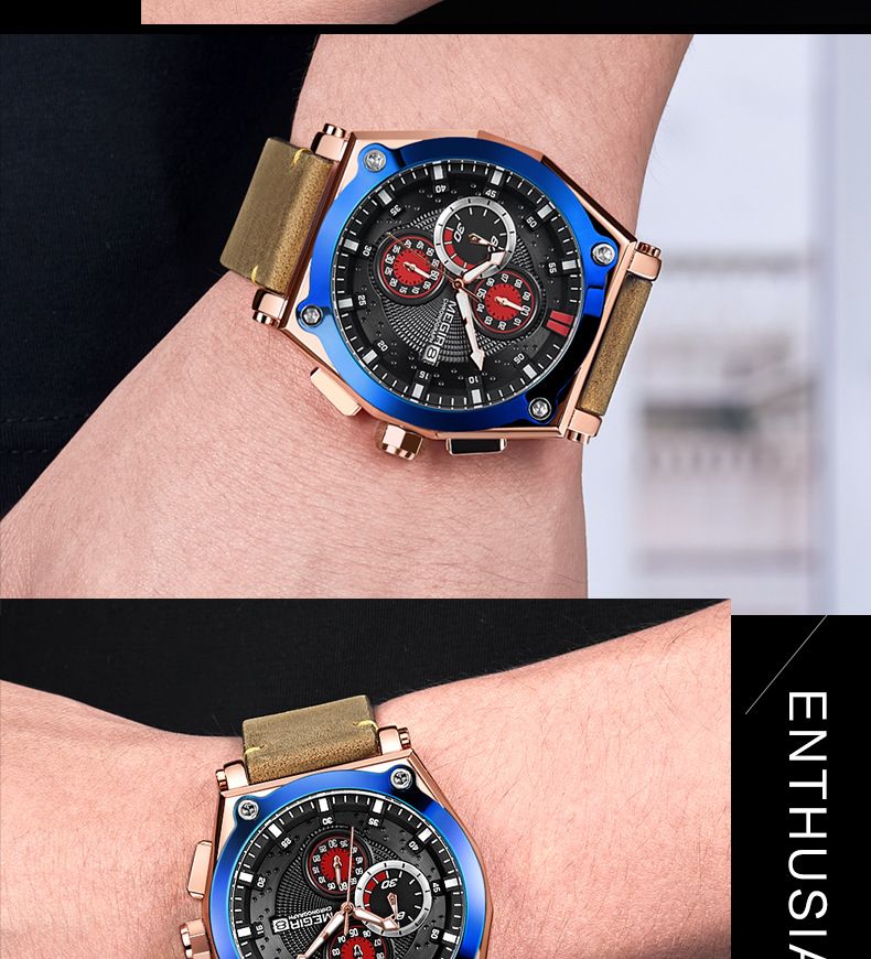Orologio sportivo da uomo MEGIR in vera pelle con cronografo, resistente all'acqua, luminoso, multifunzione, design elegante_voghion.com