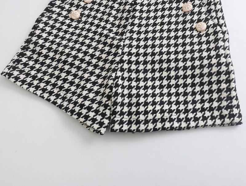 7292 Autumn New Women's Double-Breasted Blazer + Houndstooth Casual Shorts Set_voghion.com