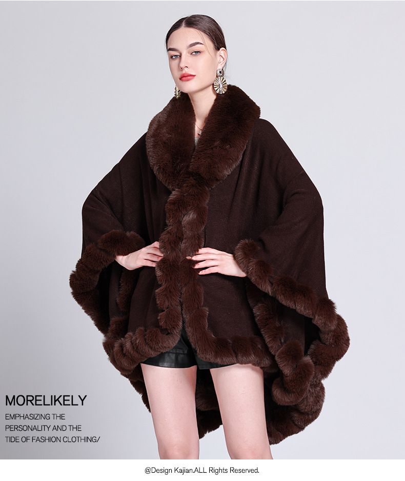 Eleganter Damen-Cape-Mantel mit Kunstpelzkragen – Übergroßer Strickjackenschal für Winter, Frühling und Herbst_voghion.com