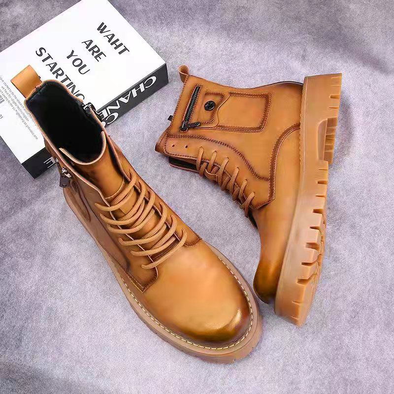 Men's Shoes boots men's Martin boots autumn and winter plus velvet high-top casual leather shoes British versatile thick-soled knight short boots_voghion.com