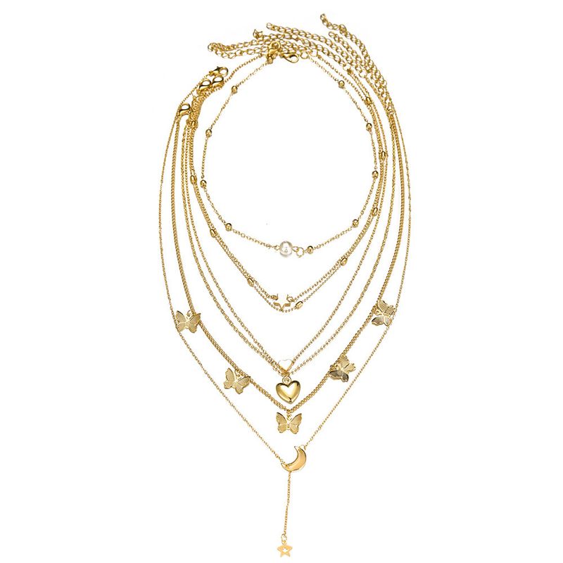 Hot selling alloy set, creative and personalized multi-layer butterfly pendant, 6 pieces of moon peach heart necklace_voghion.com