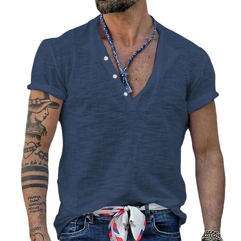 Maglietta a maniche corte slim tinta unita casual da uomo, con nodo in bambù e fibbia Henry, estate 2025, di qualità imbattibile._voghion.com